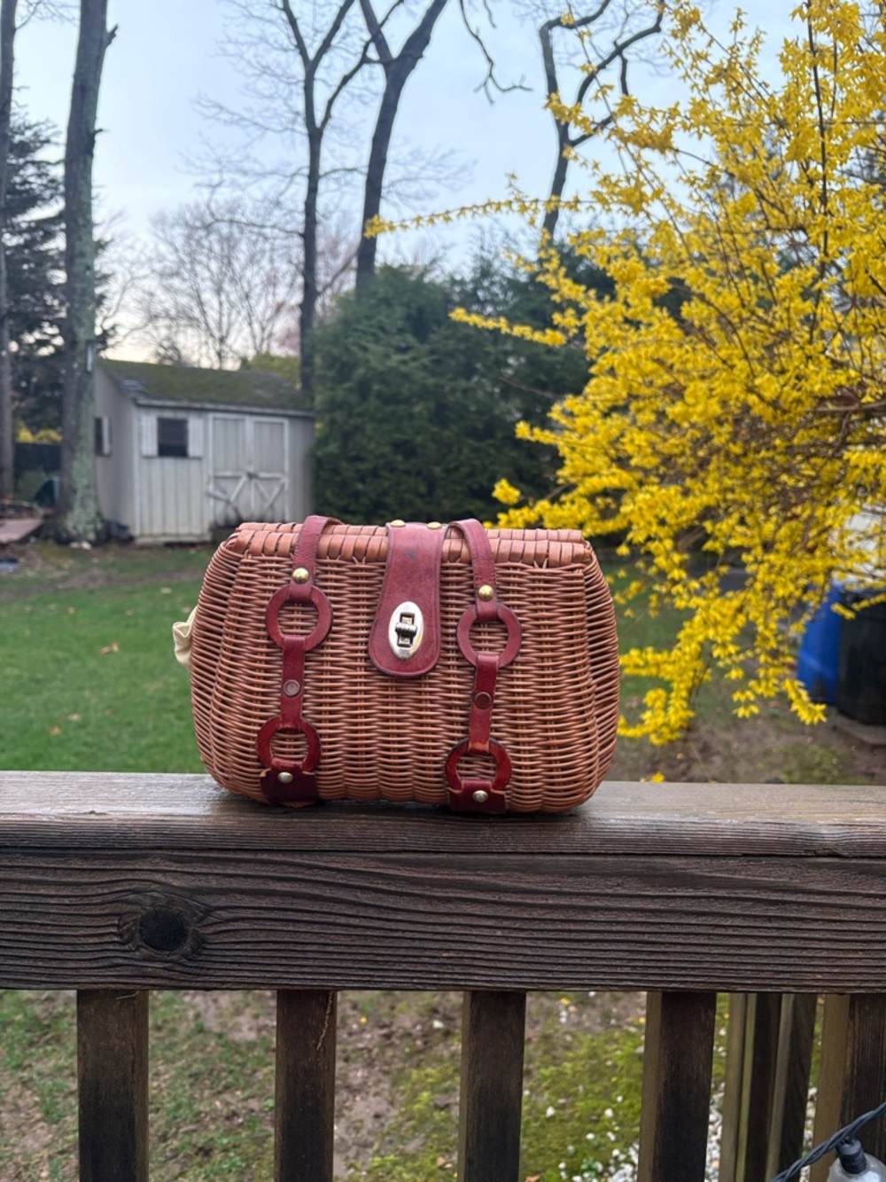 Woven Mini Crossbody Bag with Red Leather Trim